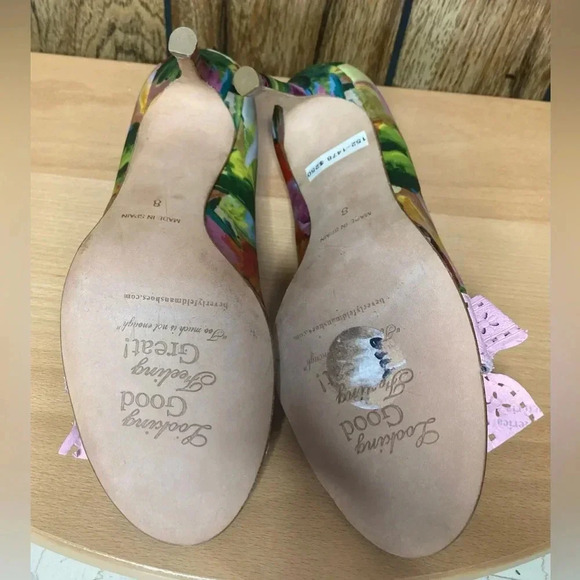 Woman BEVERLY FELDMAN pink Green Floral Peep Toe Bow Pump Heels Shoe Sz 8 - Picture 11 of 11